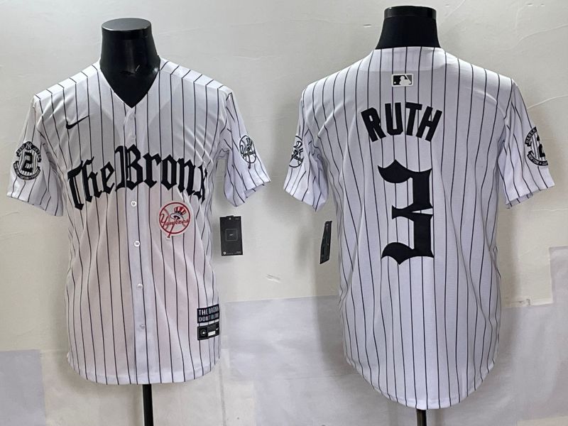 Men 2025 New York Yankees 3 Ruth White Stripe Five generations Joint Name Nike MLB Jersey style 09